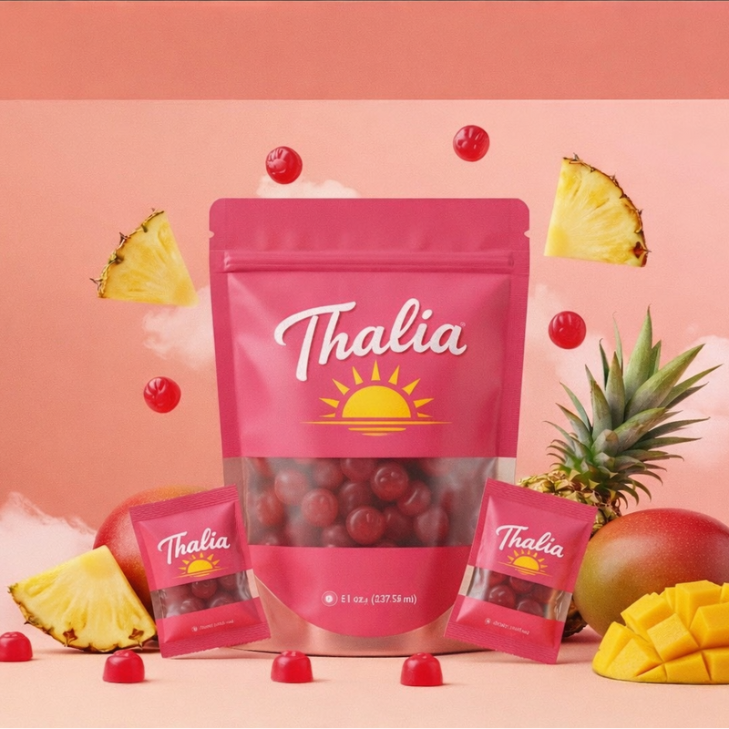 Thalia snack package with fruits on a pink background